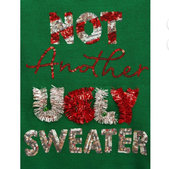 Not Another Ugly Sweater, Green Christmas Pullover with Bells, Tinsel & Sequins - Picture 3 of 9